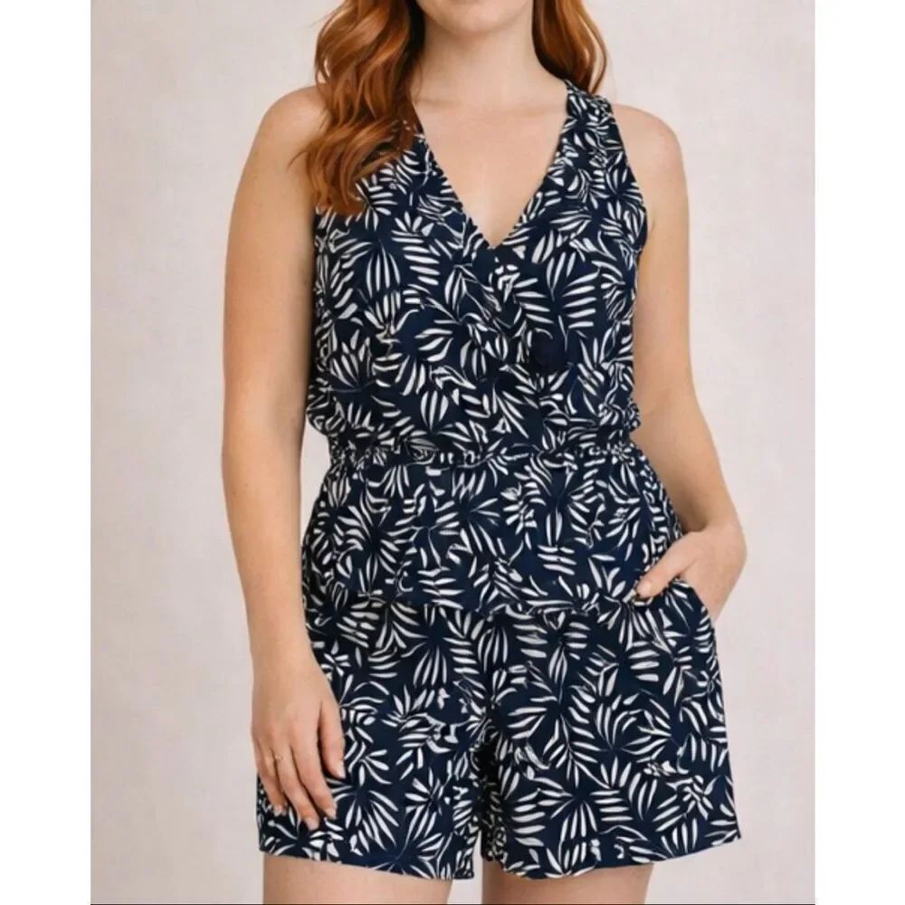 Loft tropical palm leaf black and white romper 2